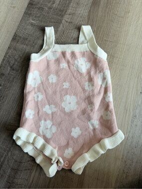 Pink Floral Knit Baby Romper with Cream Trim and Ruffles